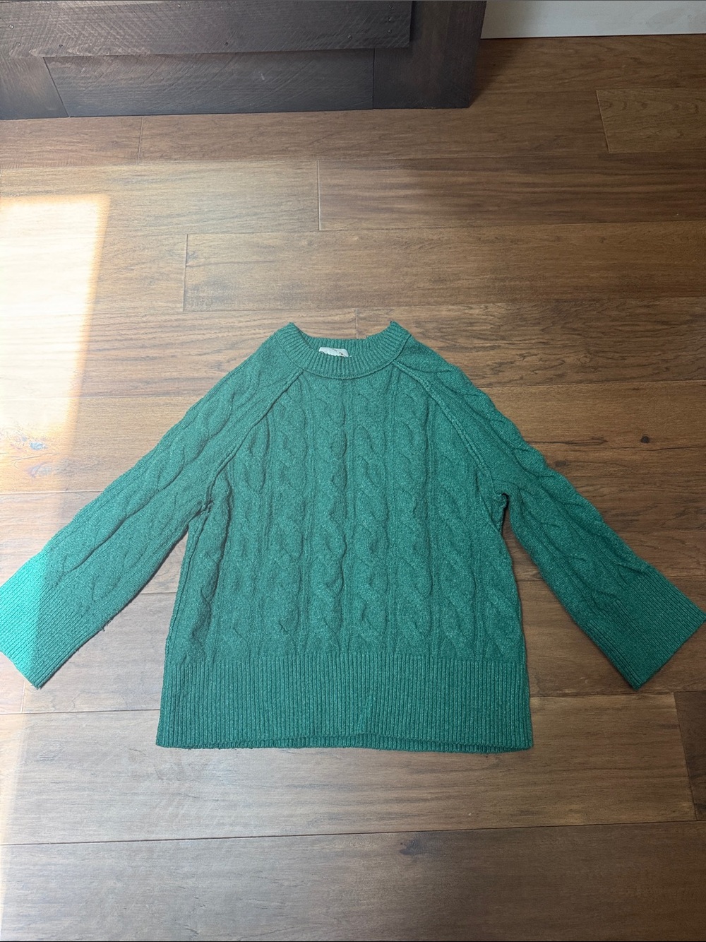 Pink Rose Emerald Green Cable-Knit Crewneck Sweater